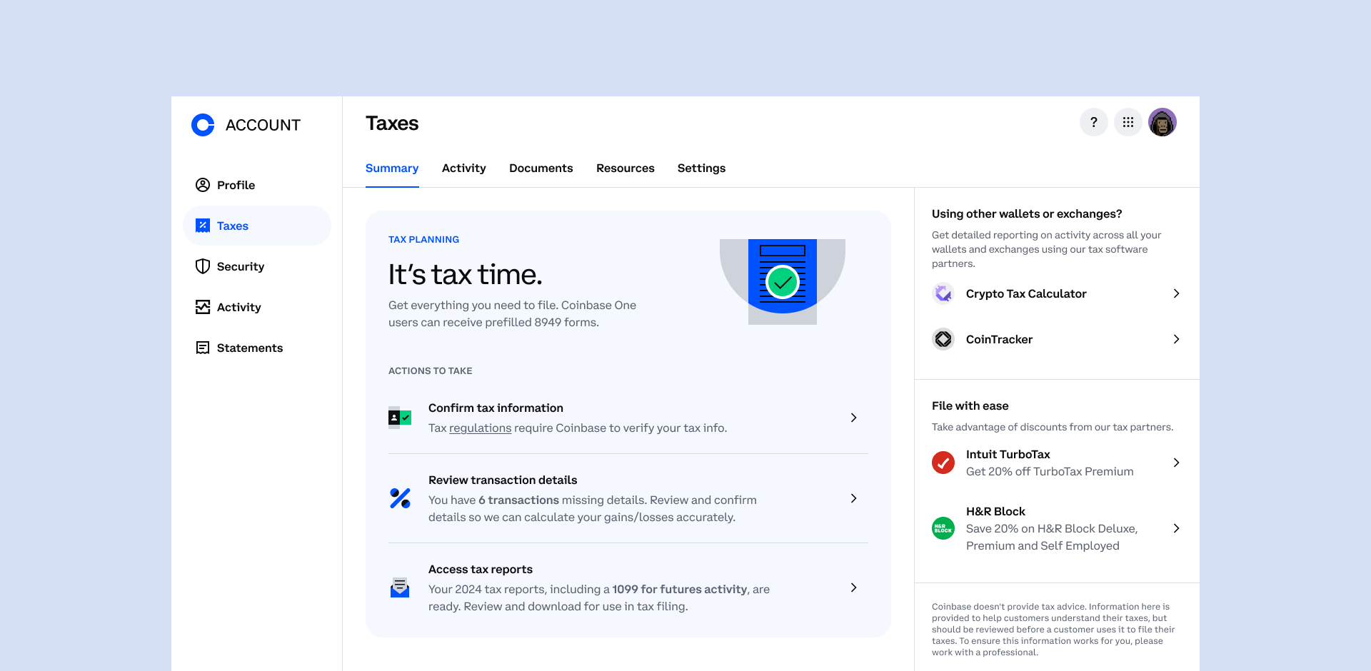 Coinbase project cover image - Tax center landing page