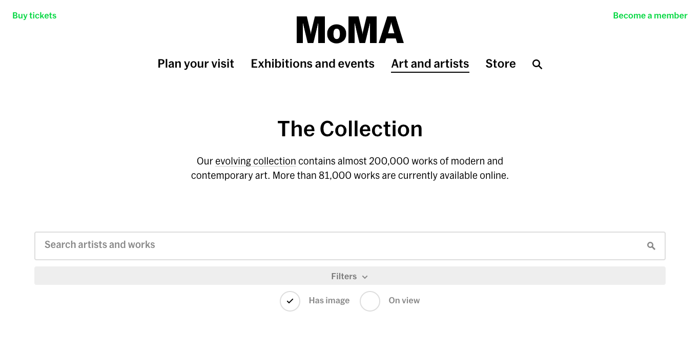 MoMA's Current Website Screenshot 1